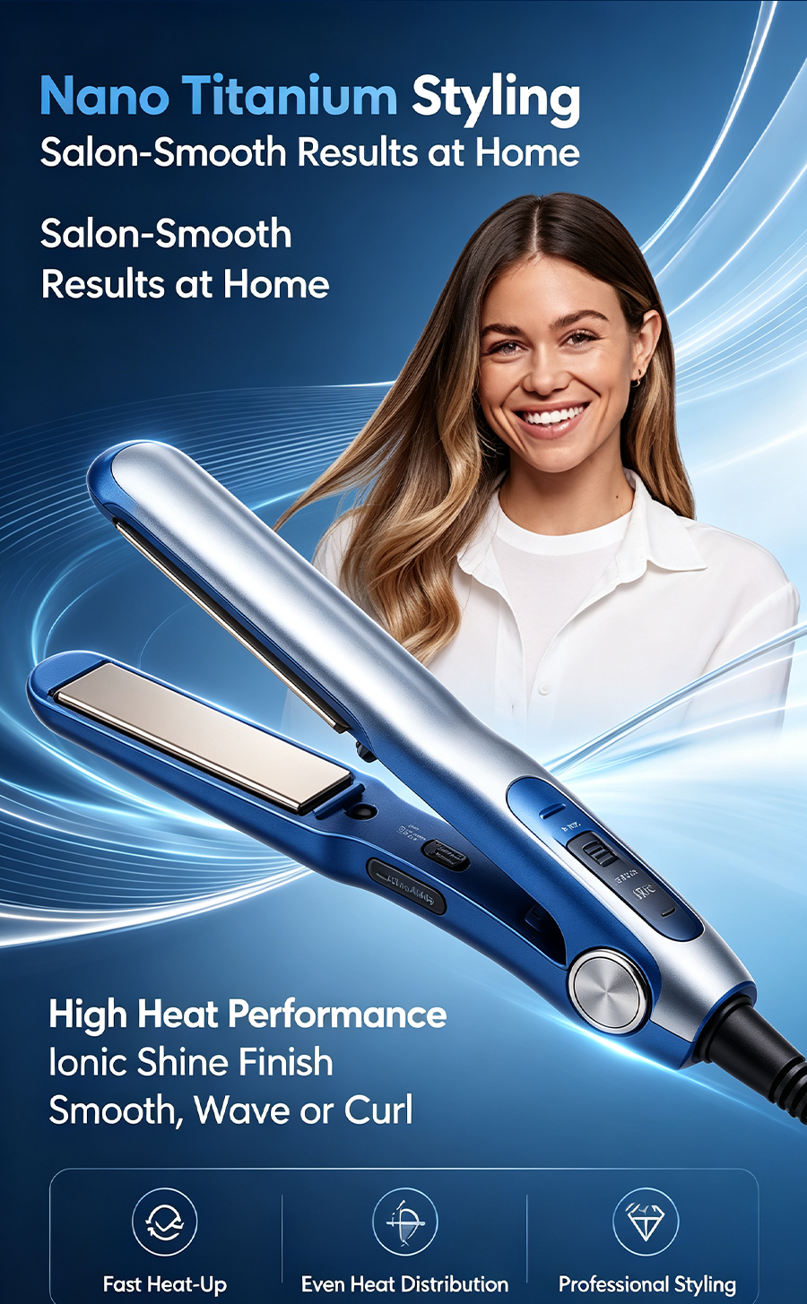 Nano Titanium Salon Hair Straightening Iron, Adjustable Temp Ionic Hair Styling Tool