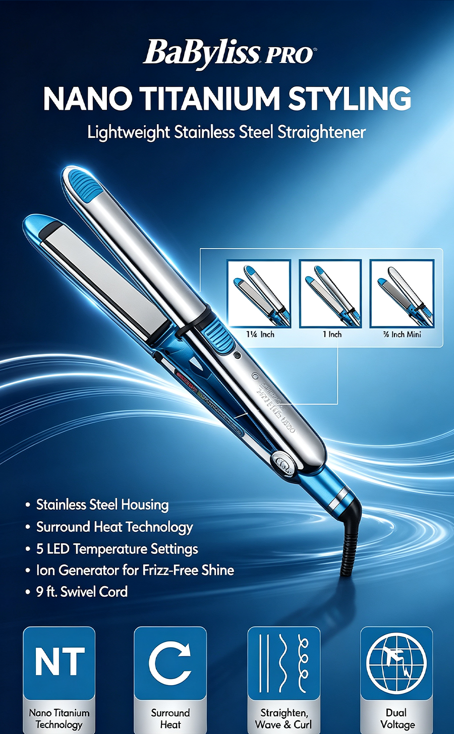 Nano Titanium Salon Hair Straightening Iron, Adjustable Temp Ionic Hair Styling Tool