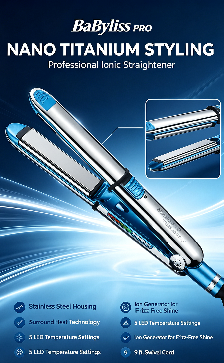 Nano Titanium Salon Hair Straightening Iron, Adjustable Temp Ionic Hair Styling Tool