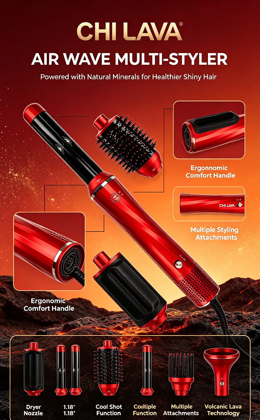 CHI LAVA Volcanic Lava Hot Air Styling Wand, Ionic Hair Curler Straightener Blow Dryer Brush