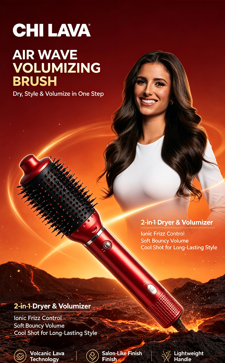 CHI LAVA Volcanic Lava Hot Air Styling Wand, Ionic Hair Curler Straightener Blow Dryer Brush