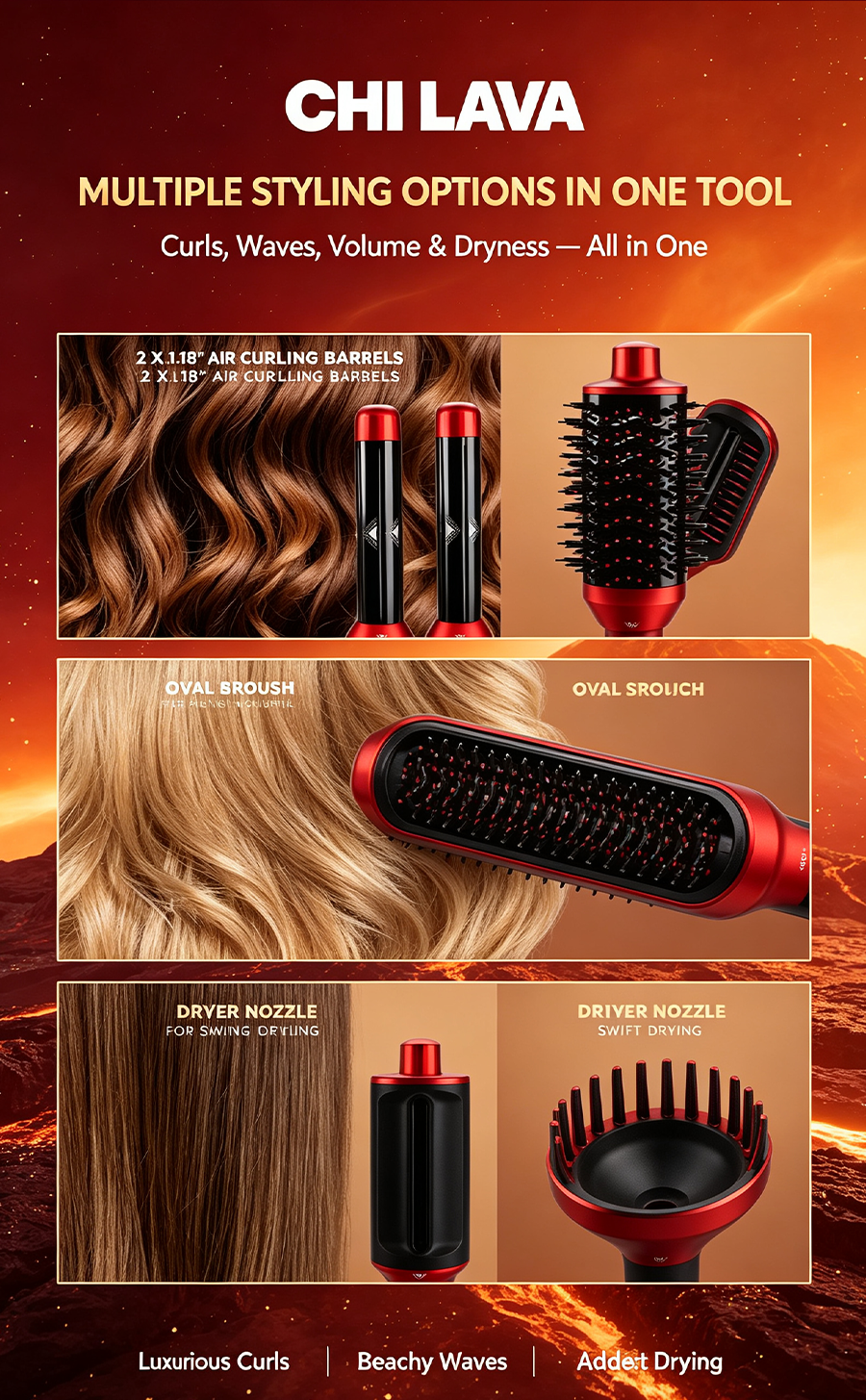 CHI LAVA Volcanic Lava Hot Air Styling Wand, Ionic Hair Curler Straightener Blow Dryer Brush