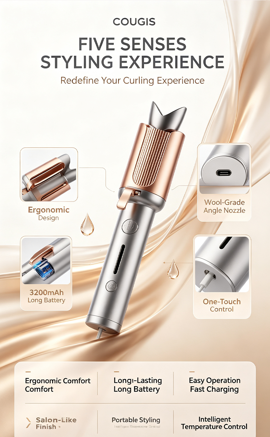 Wireless Automatic Rotating Hair Curler, Moisturizing Ionic Hair Care Portable Rechargeable Wave Curler