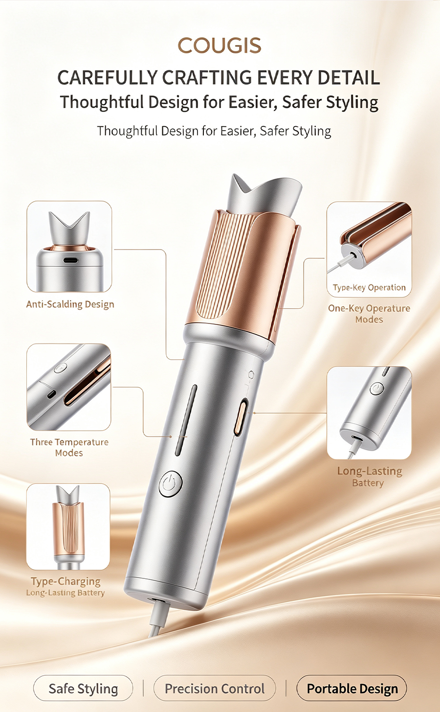Wireless Automatic Rotating Hair Curler, Moisturizing Ionic Hair Care Portable Rechargeable Wave Curler