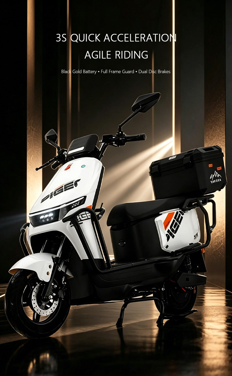 WuRo Electric Scooter with Full Wrap-Around Crash Bars and Rear Cargo Box
