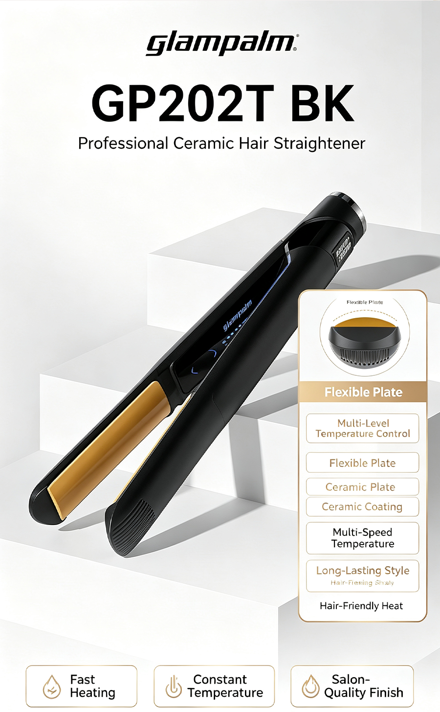 GlamPalm GP202T BK Professional Ceramic Hair Straightener, 2 in 1 Hair Curler, Anti-frizz Hair Styling Flat Iron