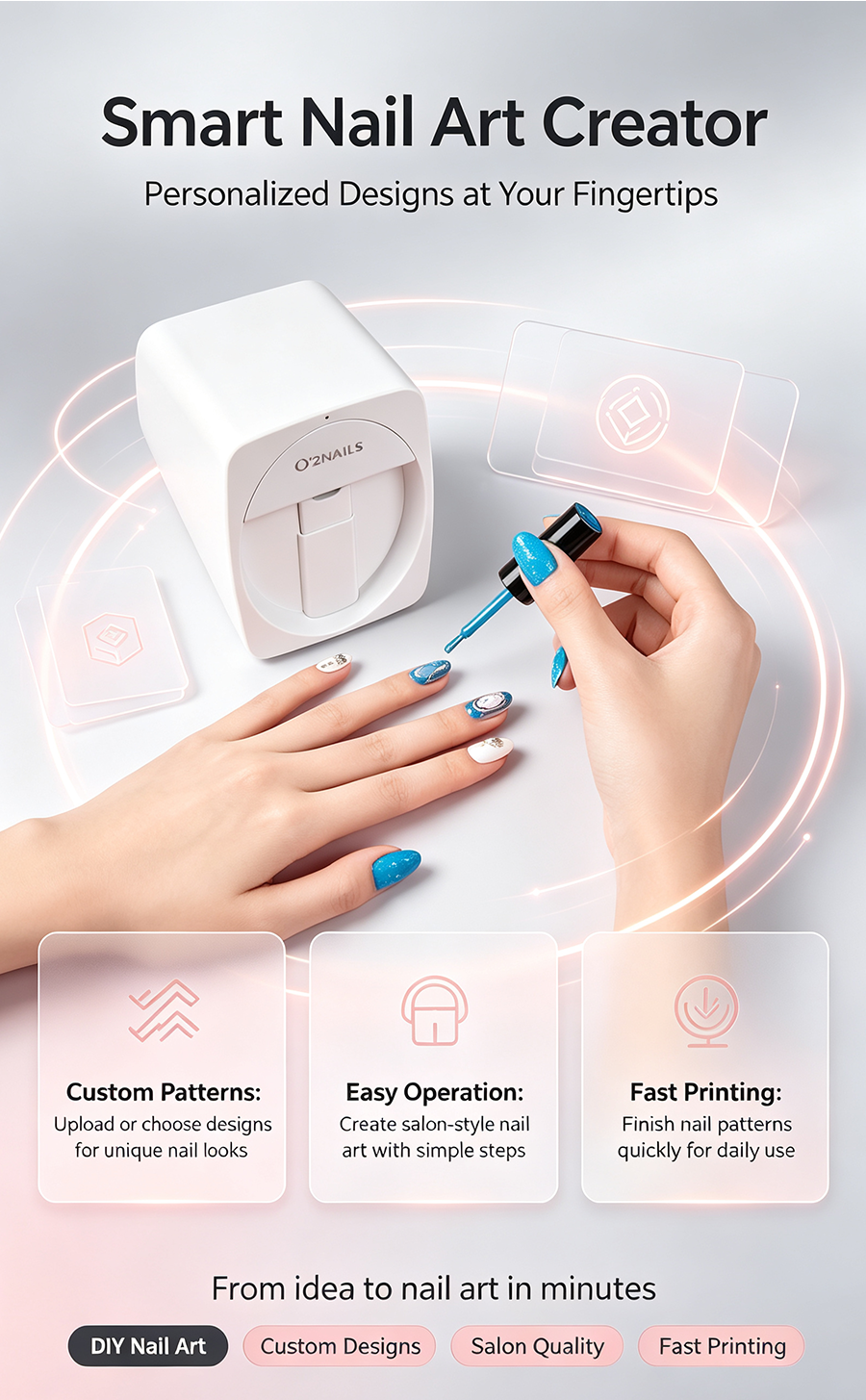 O'2NAILS Smart Nail Art Printer | Portable DIY Nail Printing Machine, Mobile Phone Wireless Control, 2400DPI High Precision, Custom Photo Nail Art Maker For Home & Nail Salon