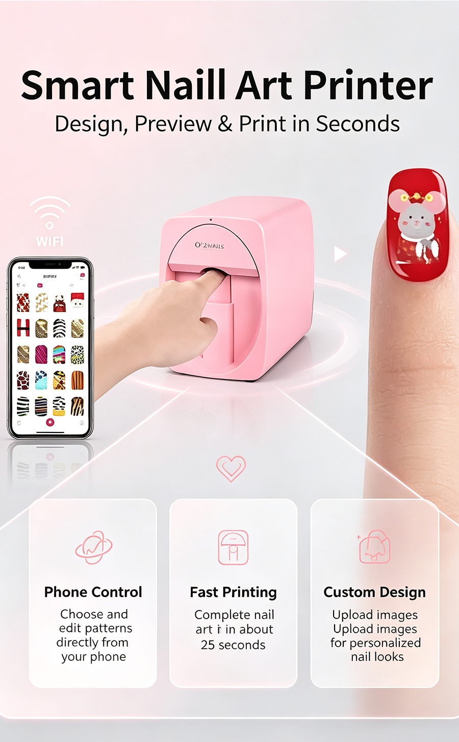 O'2NAILS Smart Nail Art Printer | Portable DIY Nail Printing Machine, Mobile Phone Wireless Control, 2400DPI High Precision, Custom Photo Nail Art Maker For Home & Nail Salon
