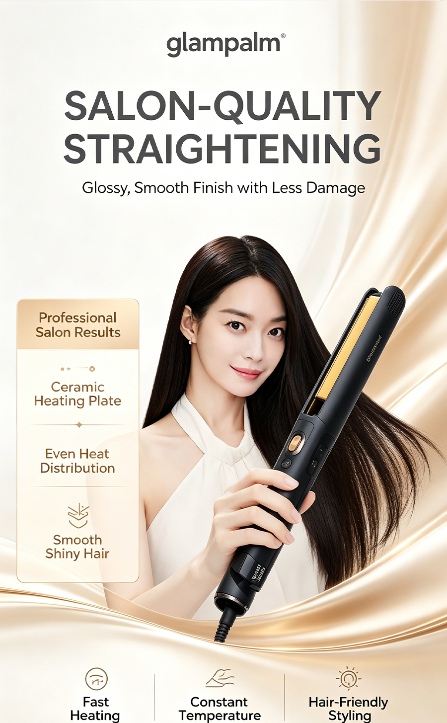 GlamPalm GP202T BK Professional Ceramic Hair Straightener, 2 in 1 Hair Curler, Anti-frizz Hair Styling Flat Iron