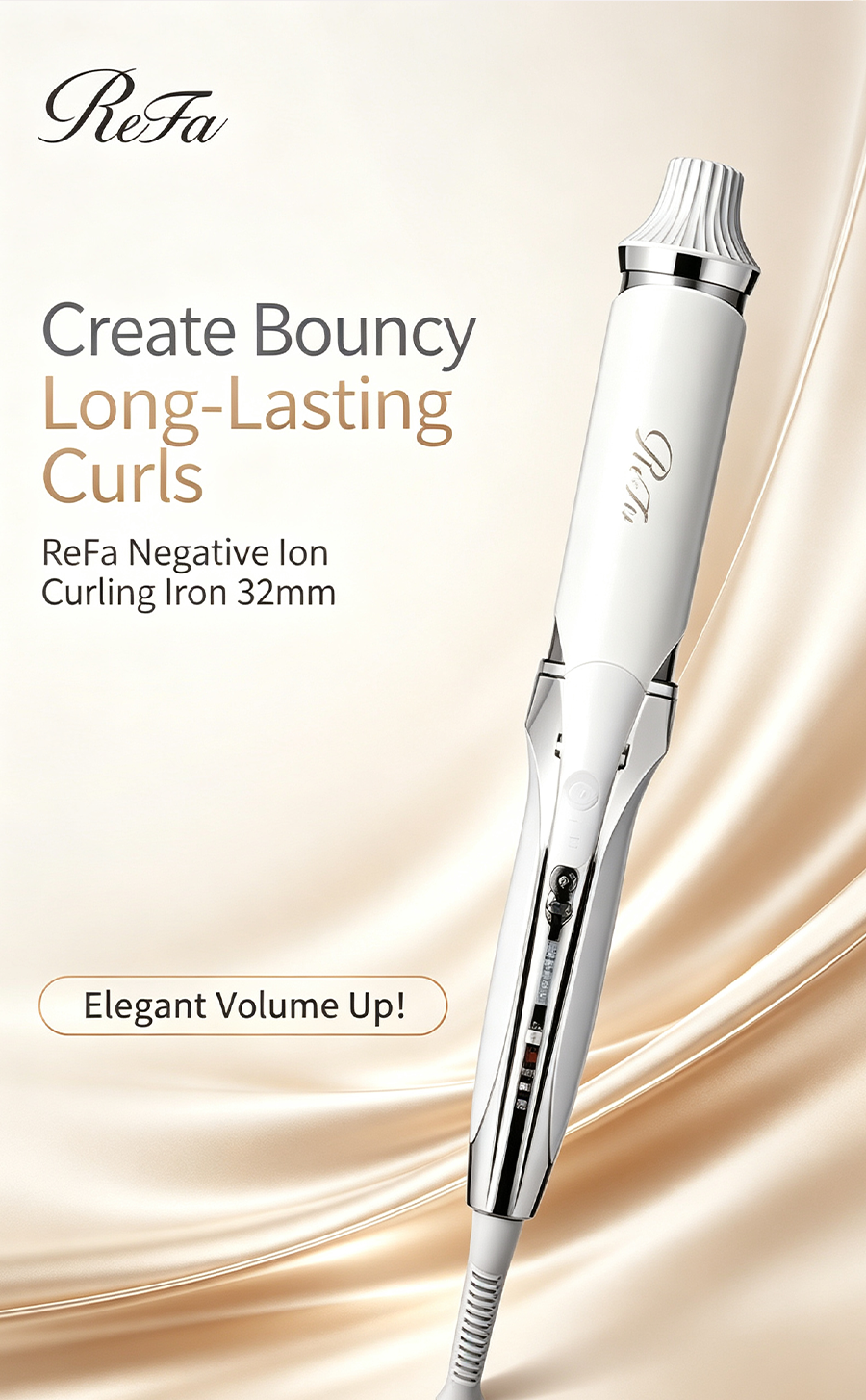 ReFa Professional Curling Iron PRO 32mm Large Barrel, Smart Constant Temperature Hair Curler for Lazy Glam Curls