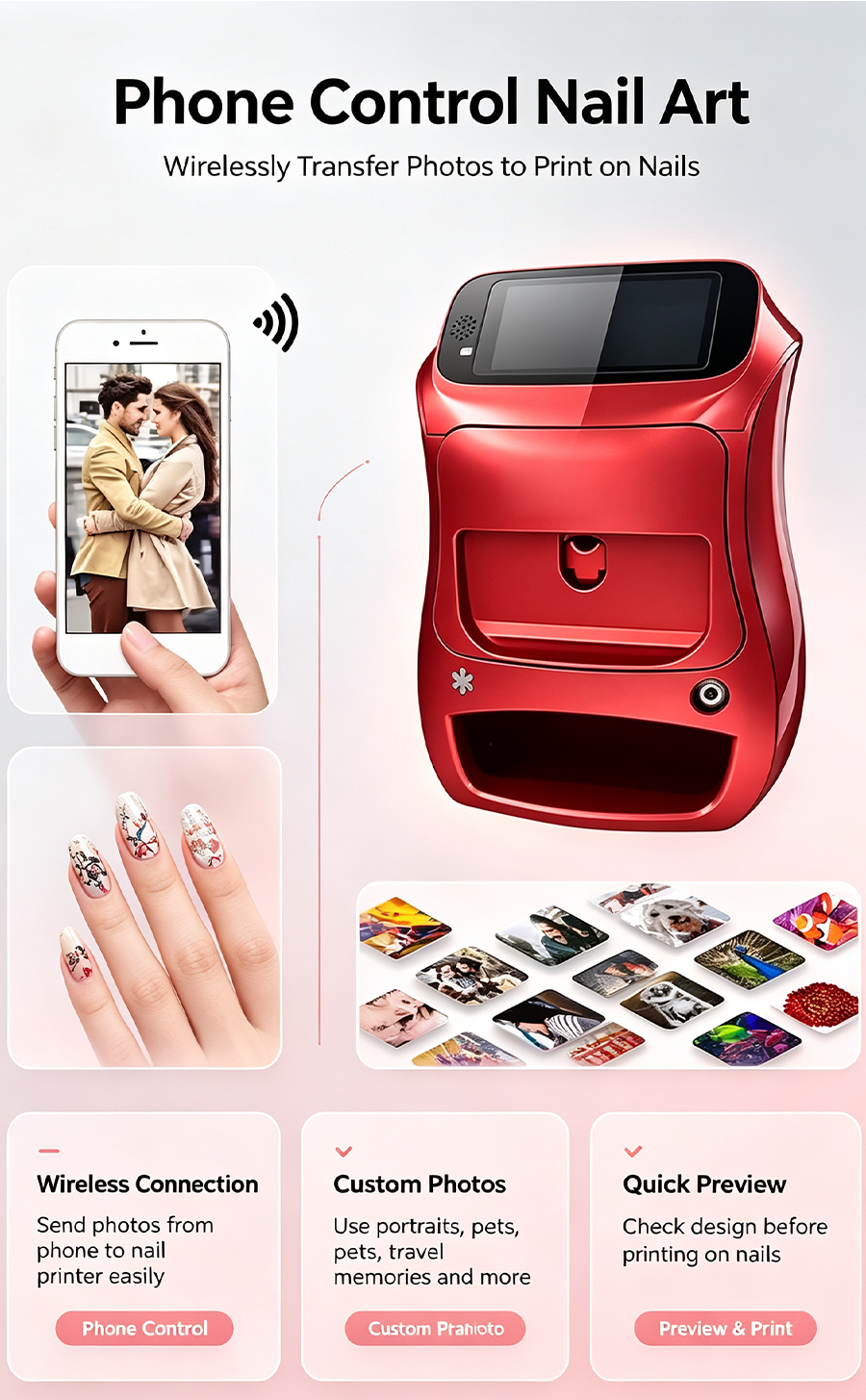 Smart Automatic Nail Art Printer, Wireless Phone Control DIY Nail Printing Machine, Home Nail Painting Device