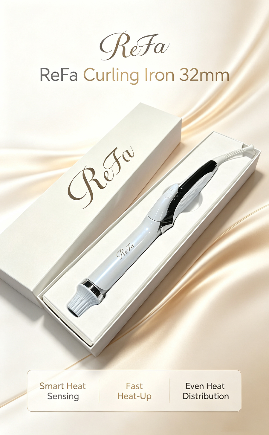 ReFa Professional Curling Iron PRO 32mm Large Barrel, Smart Constant Temperature Hair Curler for Lazy Glam Curls