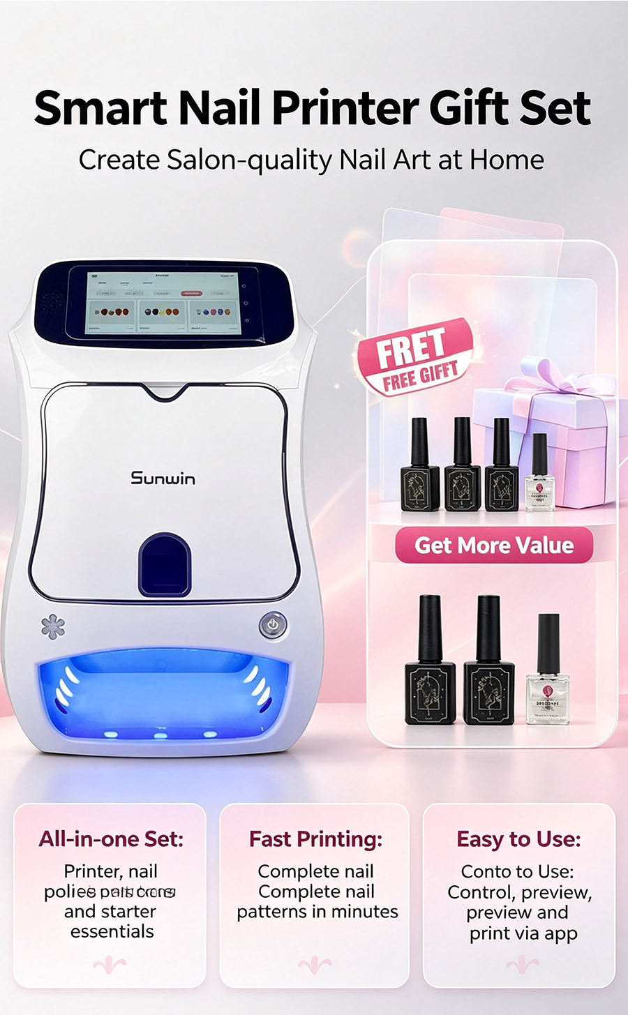 10s Fast Nail Printer Auto Nail Recognition, Personalized Photo Nail Art Printing Device for Home Use