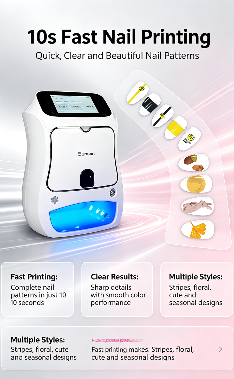 10s Fast Nail Printer Auto Nail Recognition, Personalized Photo Nail Art Printing Device for Home Use