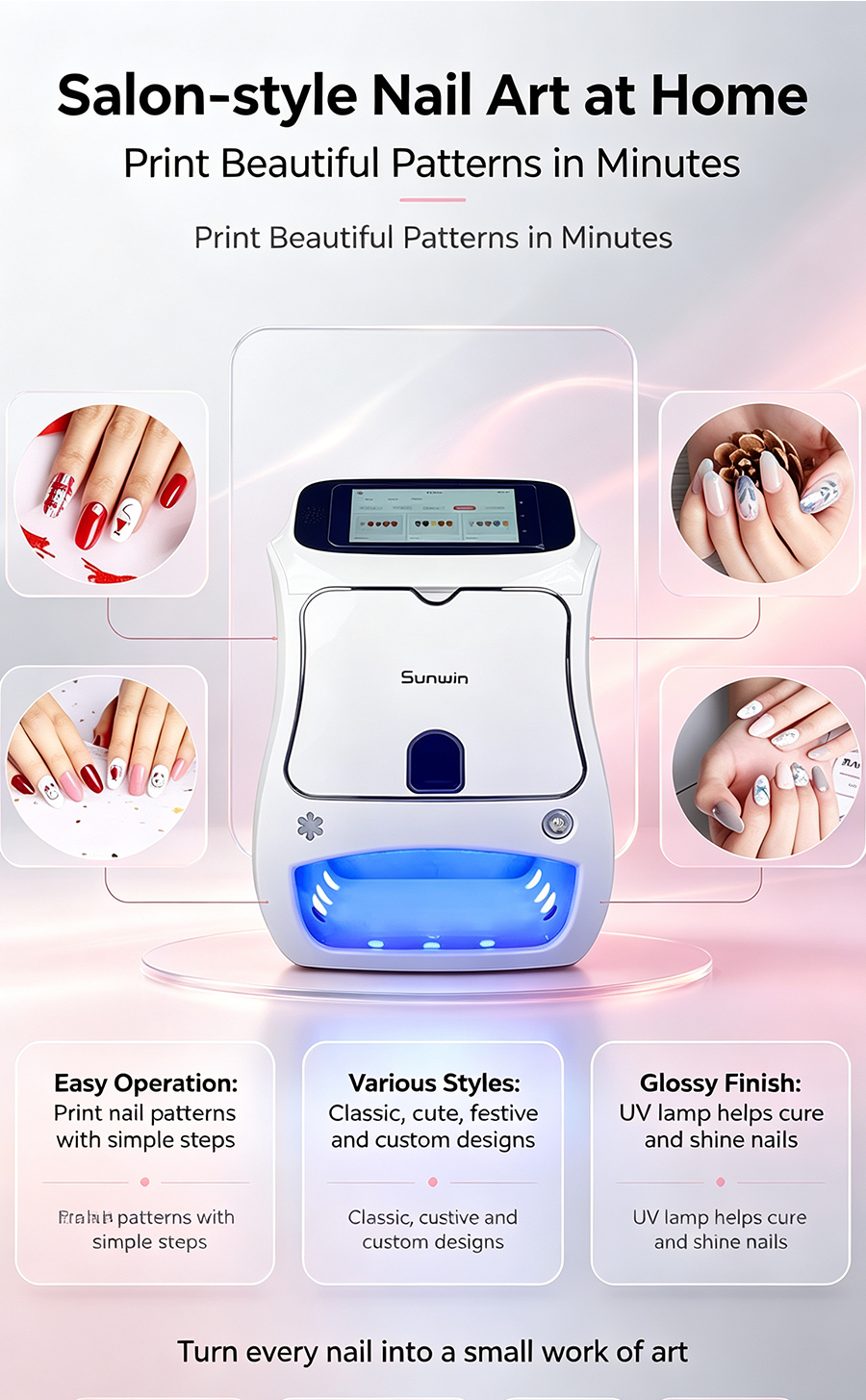 10s Fast Nail Printer Auto Nail Recognition, Personalized Photo Nail Art Printing Device for Home Use