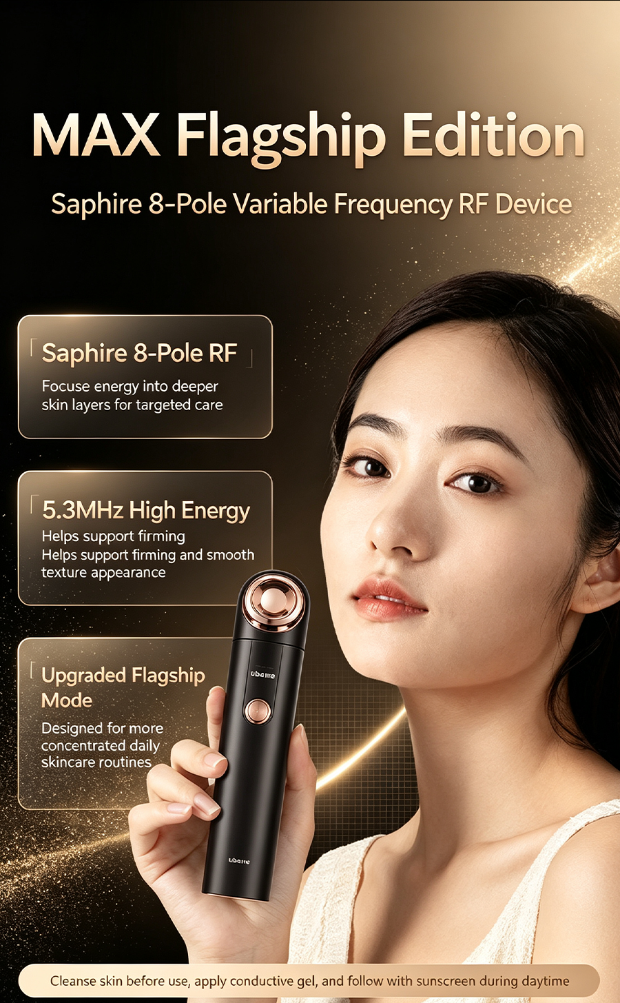 Ubelle S3 MAX Sapphire 8-Pole Variable Frequency RF Beauty Device, Home Facial Lifting Anti-Aging Skin Tightening RF Machine