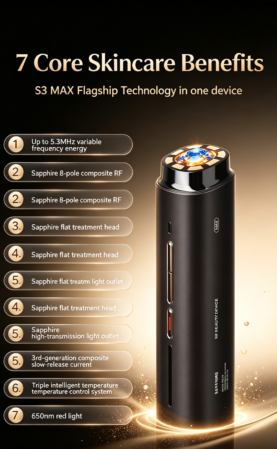 Ubelle S3 MAX Sapphire 8-Pole Variable Frequency RF Beauty Device, Home Facial Lifting Anti-Aging Skin Tightening RF Machine