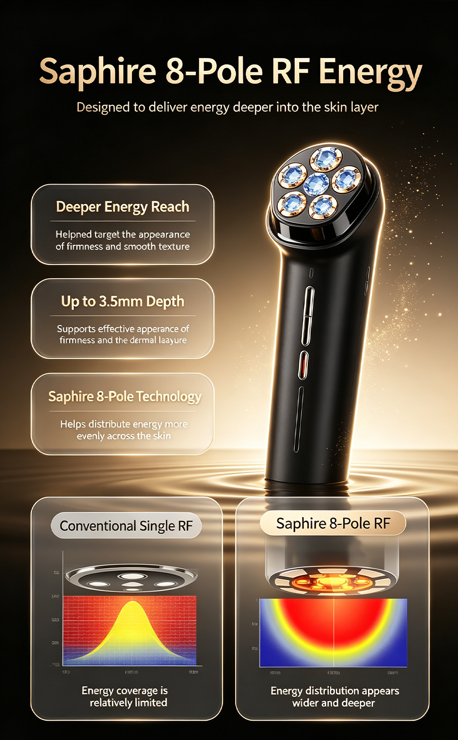 Ubelle S3 MAX Sapphire 8-Pole Variable Frequency RF Beauty Device, Home Facial Lifting Anti-Aging Skin Tightening RF Machine