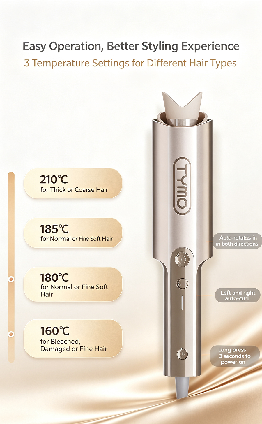 TYMO 5th Generation Automatic Curling Iron, 110mm Extended Heating Barrel, Anti-Tangle Auto Hair Curler, Long-Lasting Styling Hair Curling Wand for Beginners