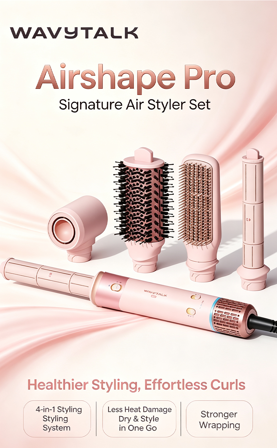 WAVYTALK Airshape Pro AirGrip Auto Curling System, 4 Attachments Hair Dryer & Styling Wand Kit