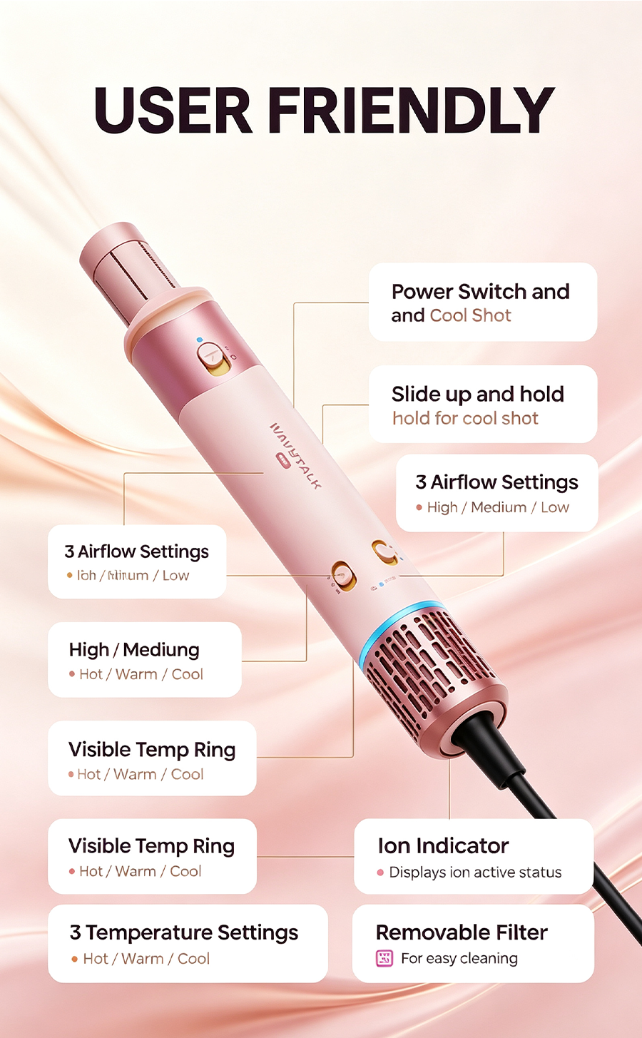 WAVYTALK Airshape Pro AirGrip Auto Curling System, 4 Attachments Hair Dryer & Styling Wand Kit