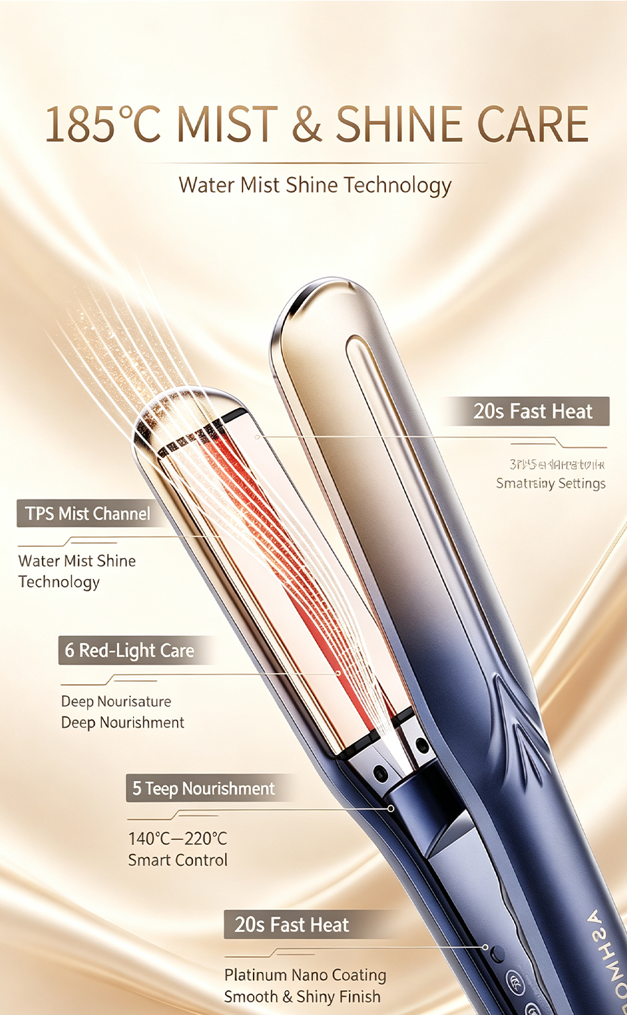 ASHMORE Mist Hair Straightener Curler 2 in 1, Red Light Hair Care Flat Iron, Nano Titanium Fast Heating Hair Styling Tool Anti-Frizz 24H Long Lasting Straightening Curling Iron