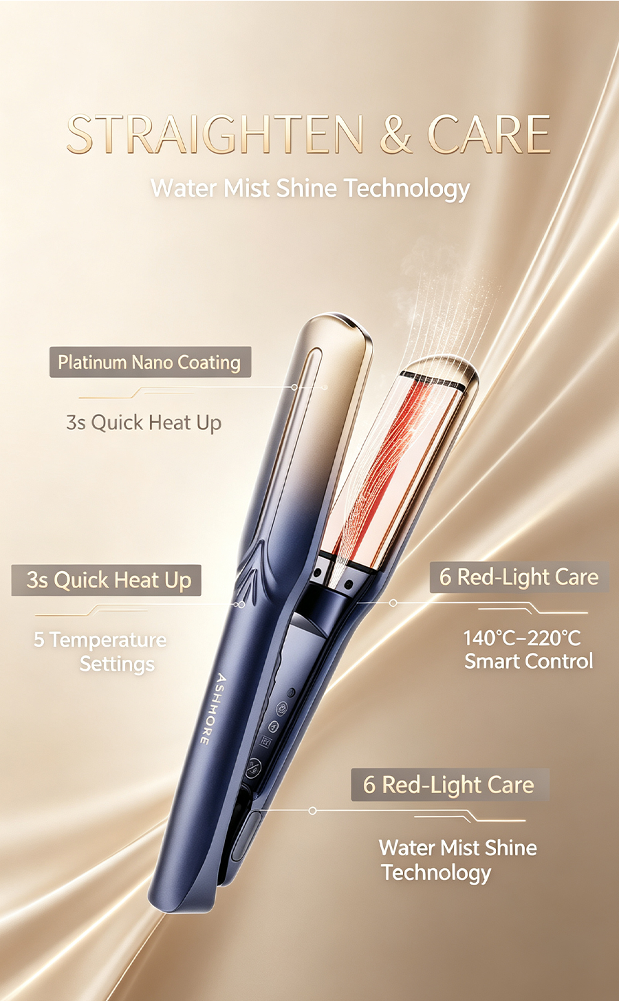 ASHMORE Mist Hair Straightener Curler 2 in 1, Red Light Hair Care Flat Iron, Nano Titanium Fast Heating Hair Styling Tool Anti-Frizz 24H Long Lasting Straightening Curling Iron