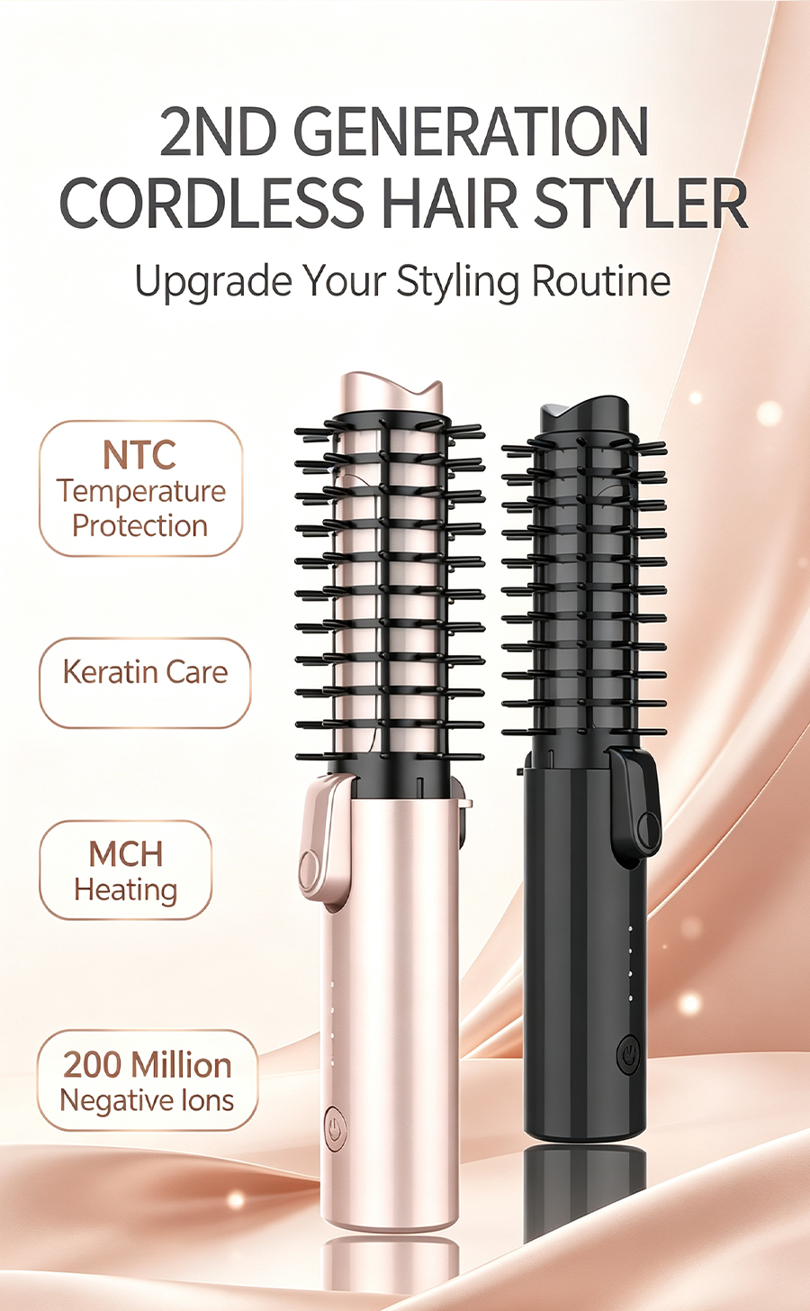 Foldable Wireless Hot Styling Brush with Keratin Coating, Portable Travel Hair Curling Comb for Home & Travel