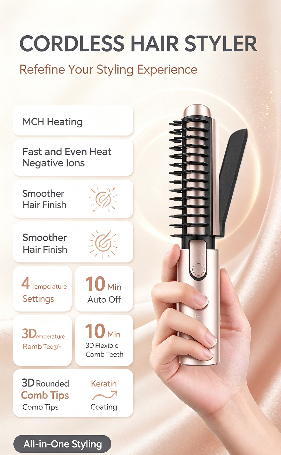 Foldable Wireless Hot Styling Brush with Keratin Coating, Portable Travel Hair Curling Comb for Home & Travel